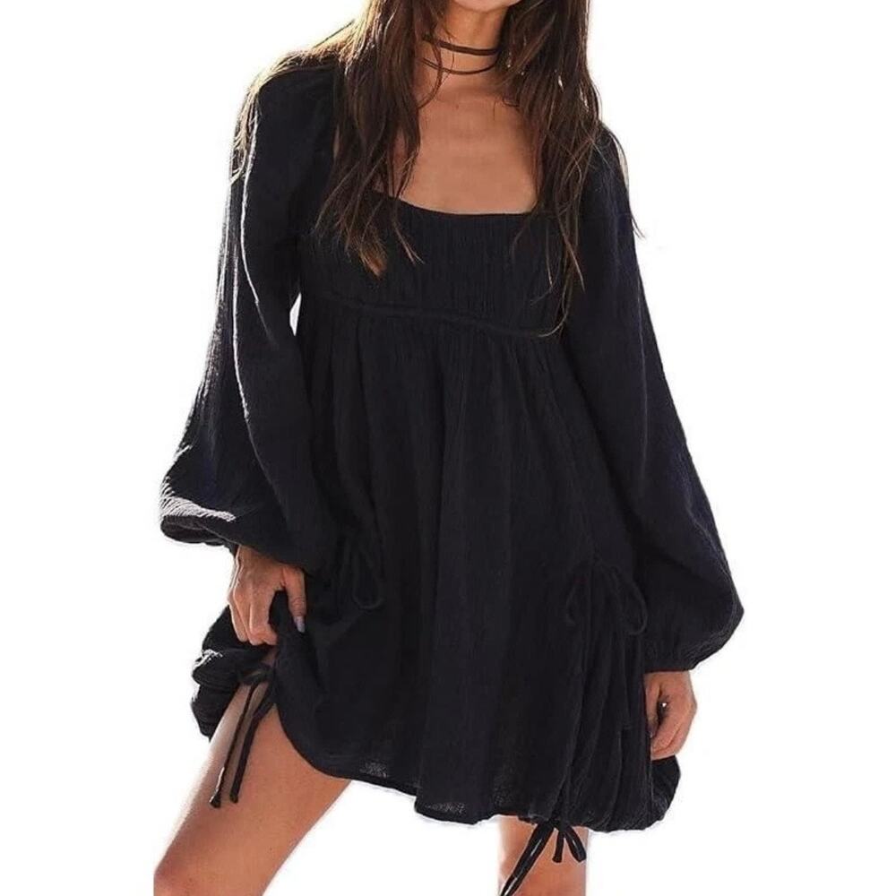 Free People Clea Billowy Gauze Mini Tunic Dress Women's Large Black Bohemian